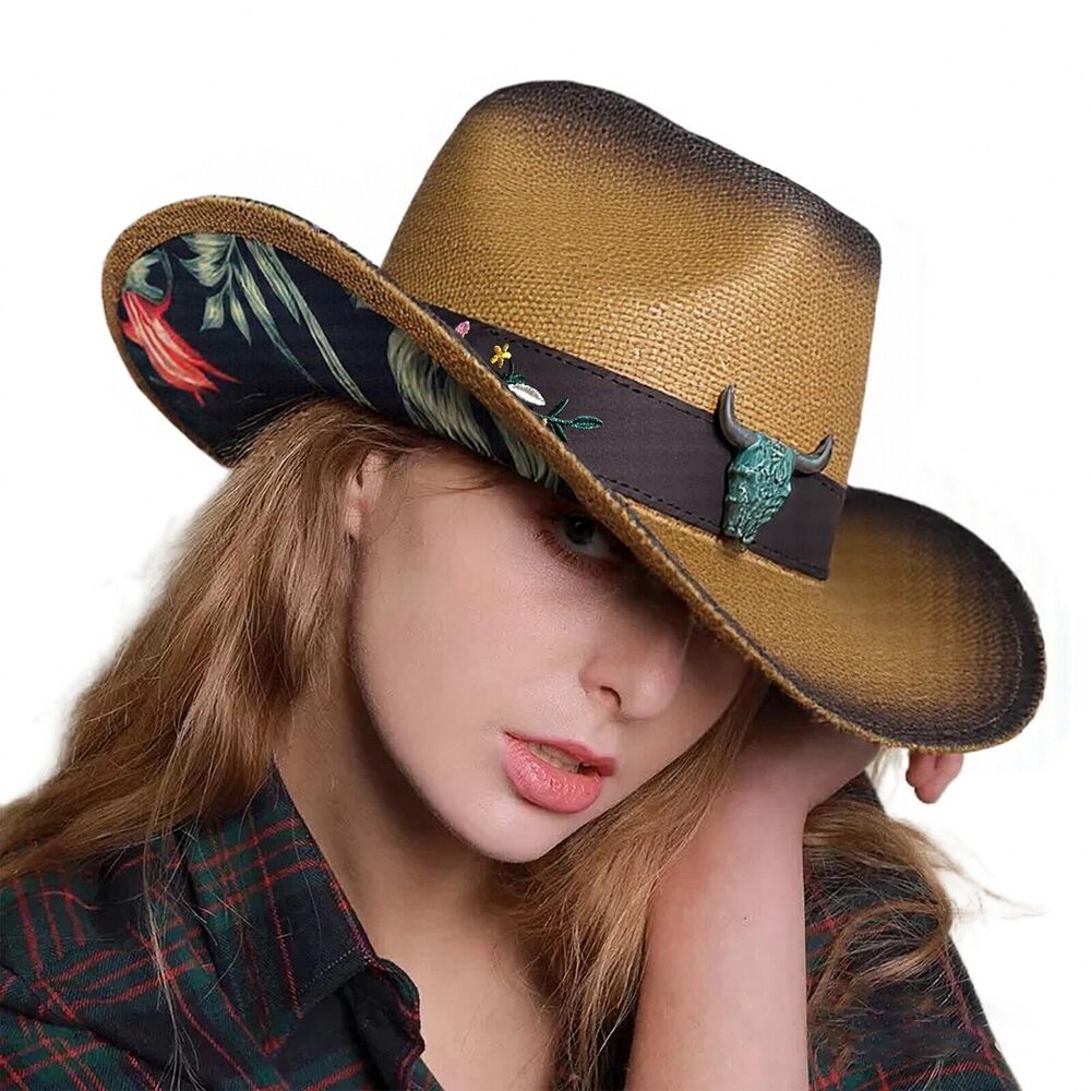 5686 Western Cowboy Hats and , Rolled Brim Straw Hats with Pattern，Music